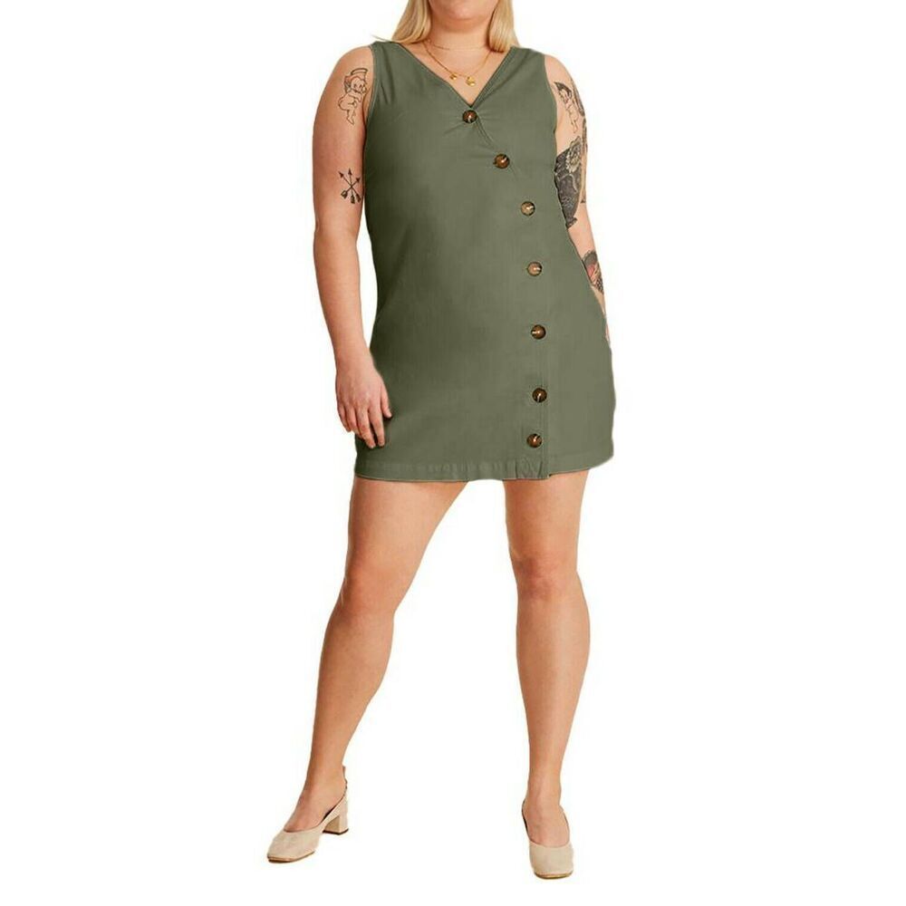 Warp + Weft Ladies Size 1X Moss Green Canvas HTO East Hampton Button Front Dress